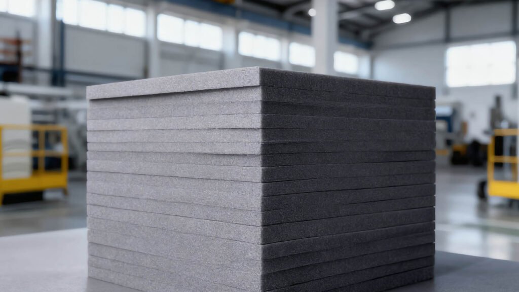Black XPE foam sheets manufactured with closed-cell structure for packaging, construction, and sports applications.